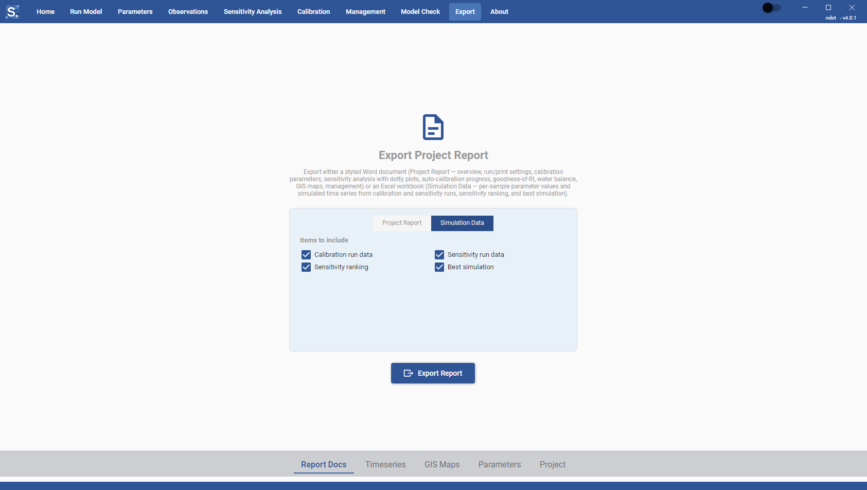 Report Docs tab with Simulation Data selected