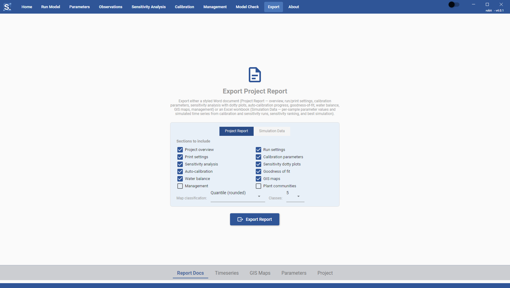 Report Docs tab with Project Report selected