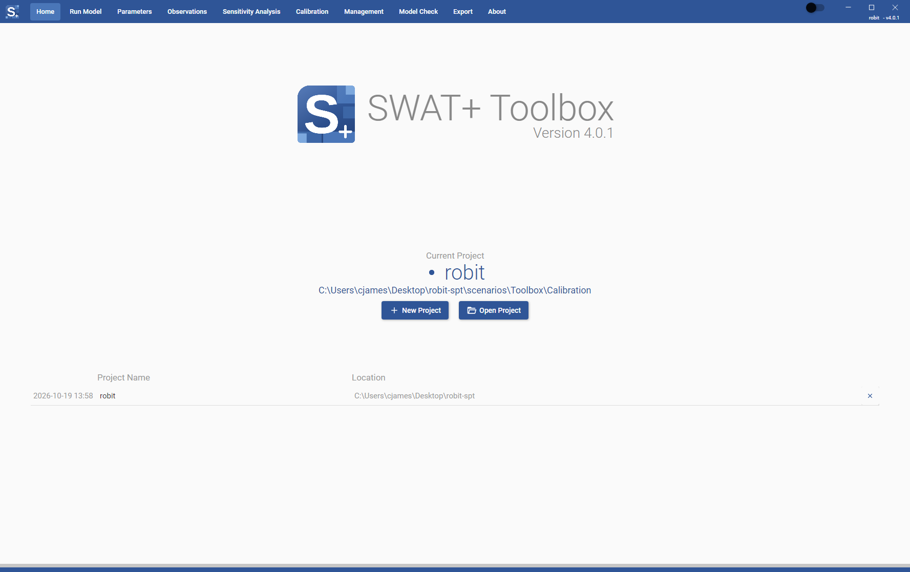 The Home page with a project open