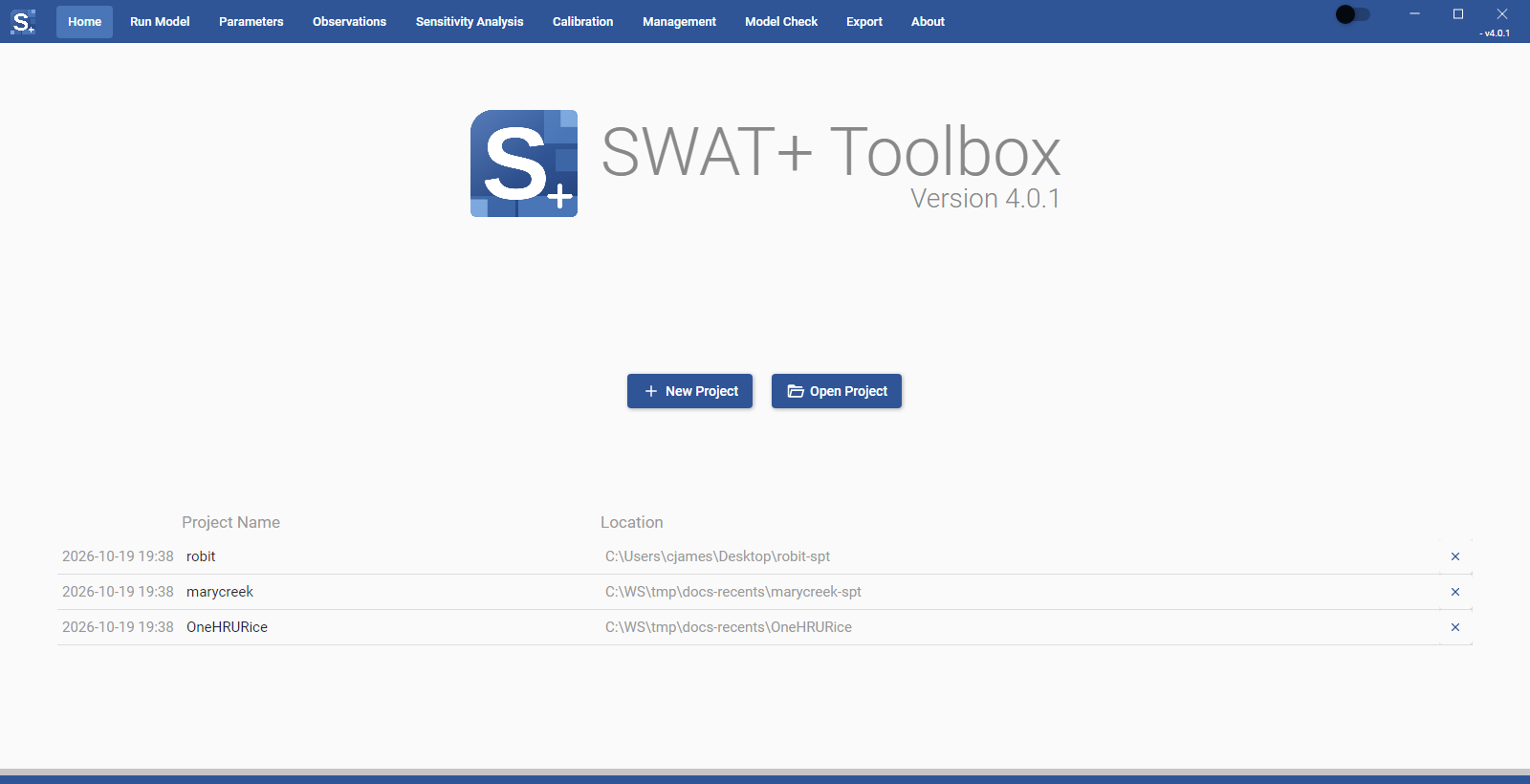 The SWAT+ Toolbox Home page with the recent projects list